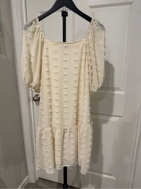 Cream Textured Swiss Dot Puff Sleeve Dress